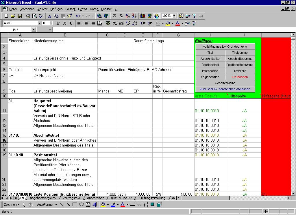 Screenshot vom Programm: BauLV.xls